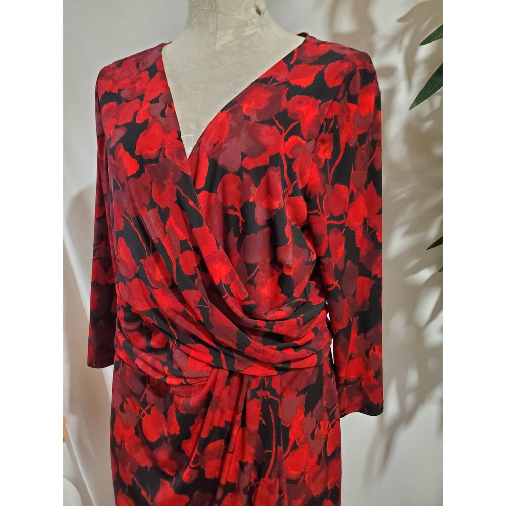Chaps x Ralph Lauren Crossover Drape 3/4 Sleeve Faux Wrap Dress Sz XL Red Black - Picture 5 of 13